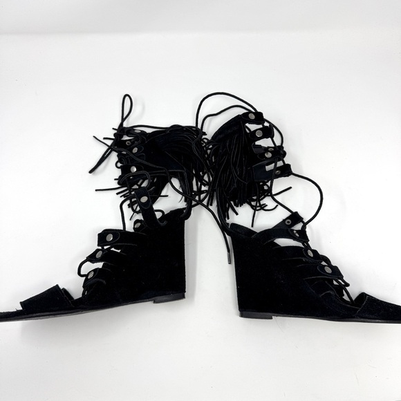 Free People Solstice Suede Fringe Wedge Sandals Black - Picture 8 of 16